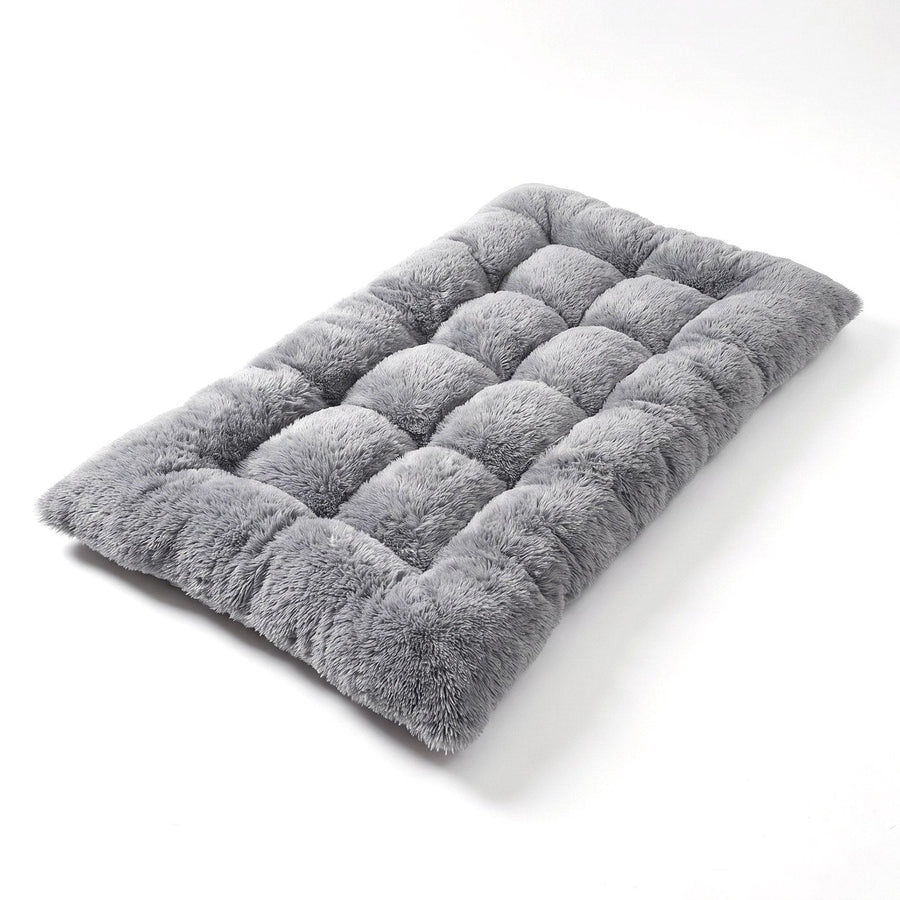 Extra large grey plush dog bed mat, 120 x 60 cm, on a white background