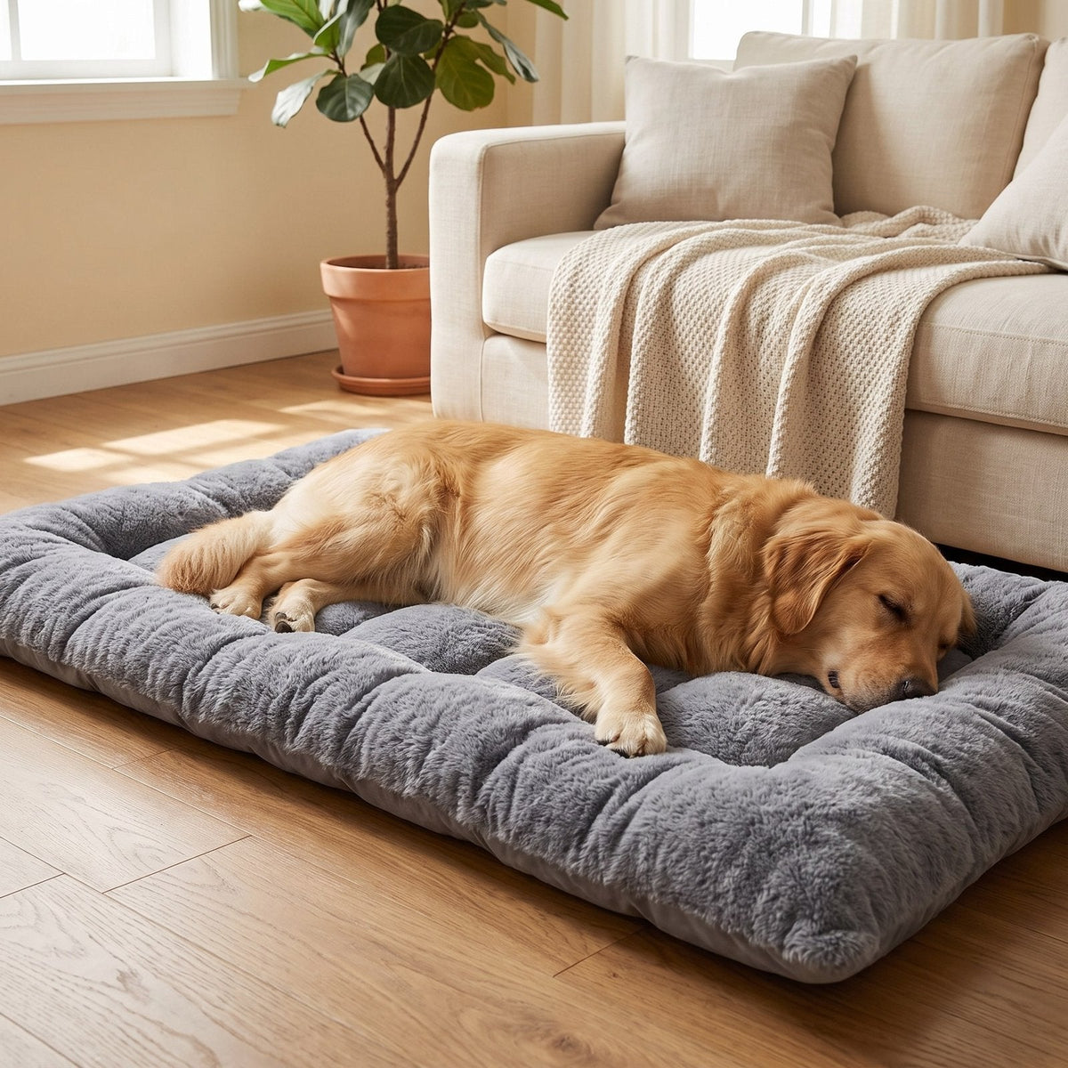 Golden retriever asleep on the extra large grey plush dog bed mat in a living room