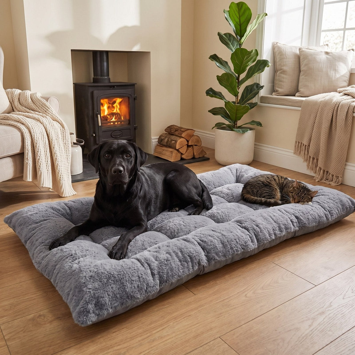 Black labrador and tabby cat sharing the 120 x 60 cm plush dog bed mat by a wood burner