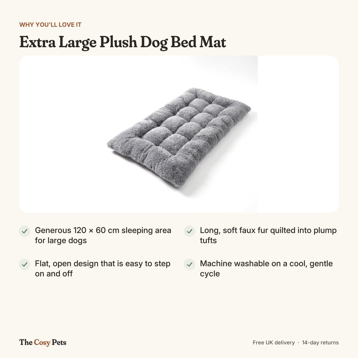 Extra large plush dog bed mat features: 120 x 60 cm, quilted faux fur, machine washable