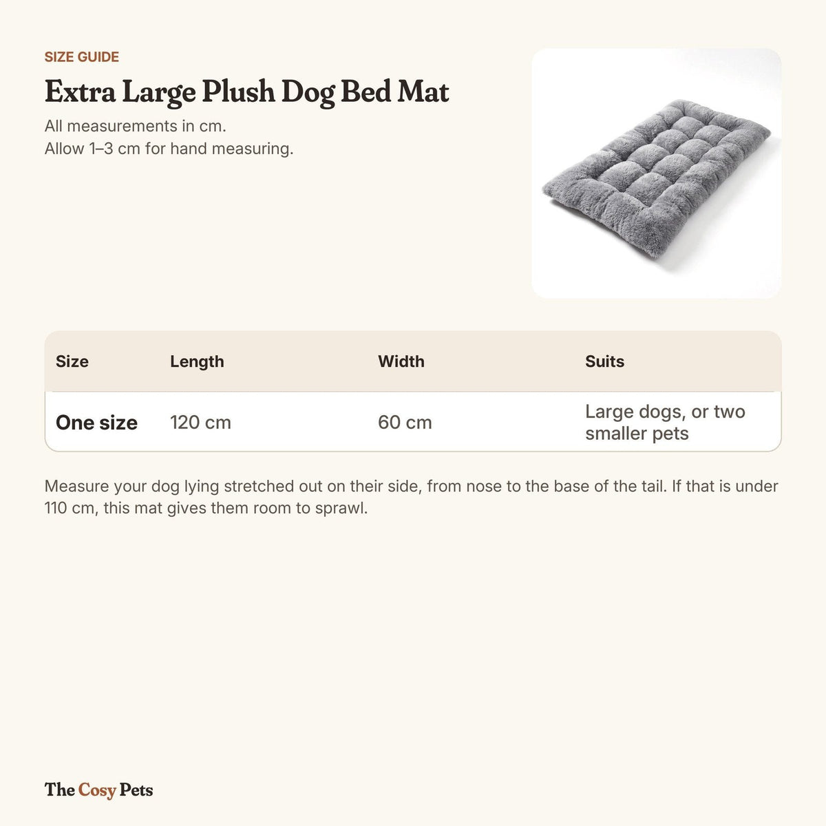 Size guide for the extra large plush dog bed mat: 120 cm long, 60 cm wide