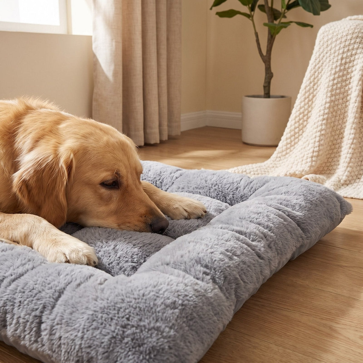 Close-up of a golden retriever resting on the soft quilted grey faux fur