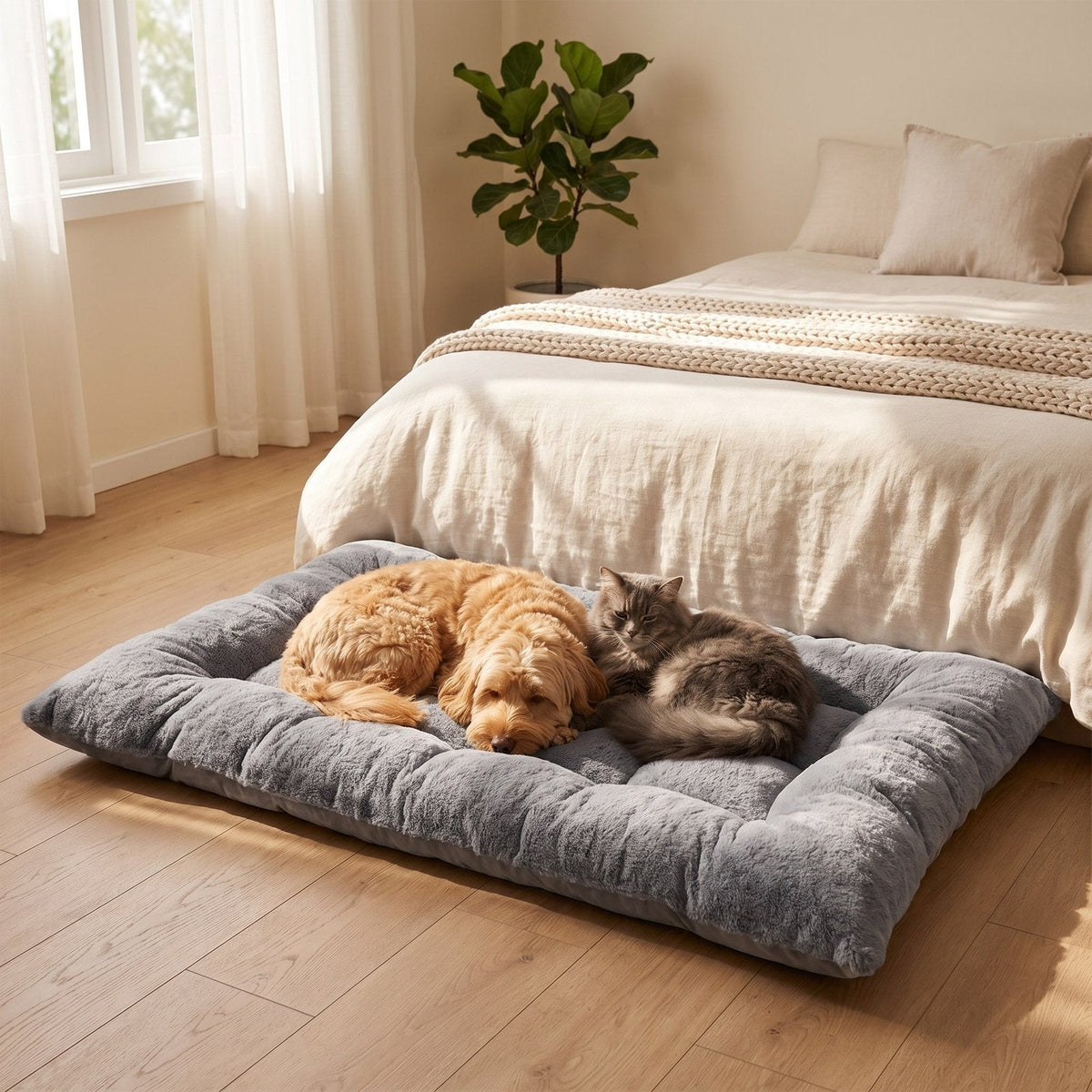 Cockapoo and grey cat lying together on the plush dog bed mat in a bedroom