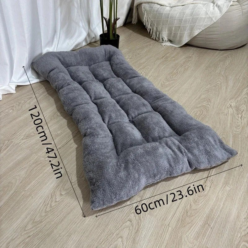 Grey plush dog bed mat with dimensions marked: 120 cm by 60 cm