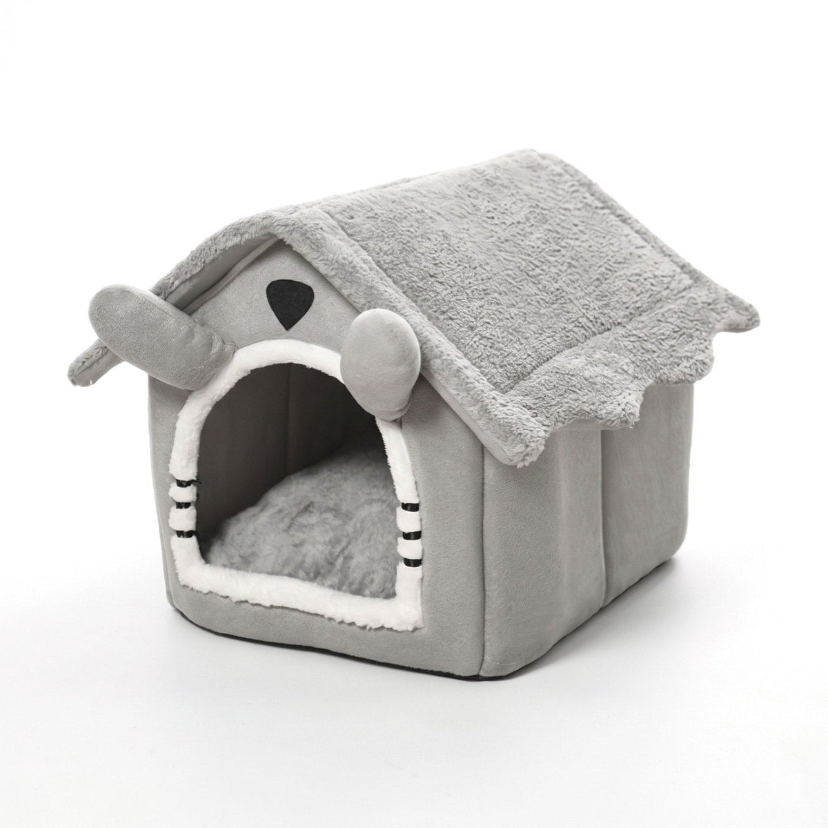 Grey cat house bed with fluffy roof and plush doorway, on a white background
