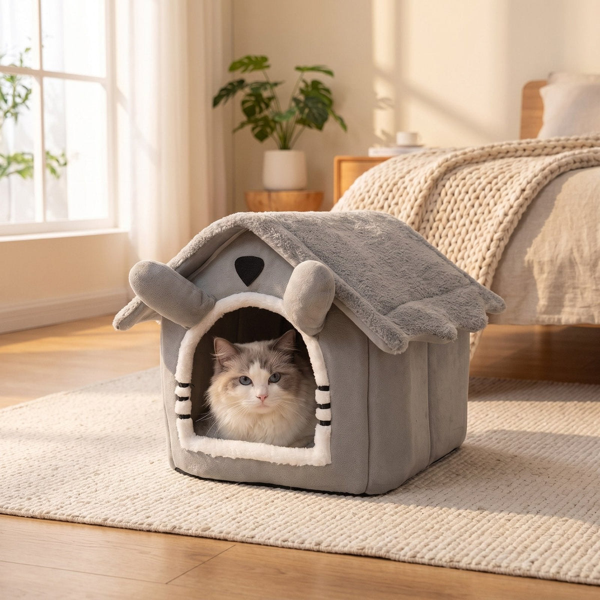 Ragdoll cat peeking out of the grey cat house bed in a cosy bedroom