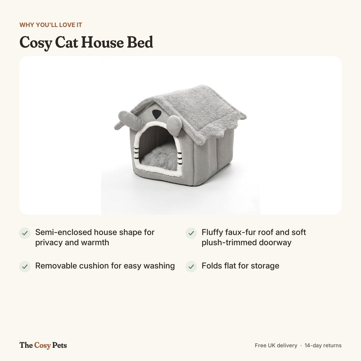 Cat house bed features: semi-enclosed, fluffy roof, removable cushion, folds flat