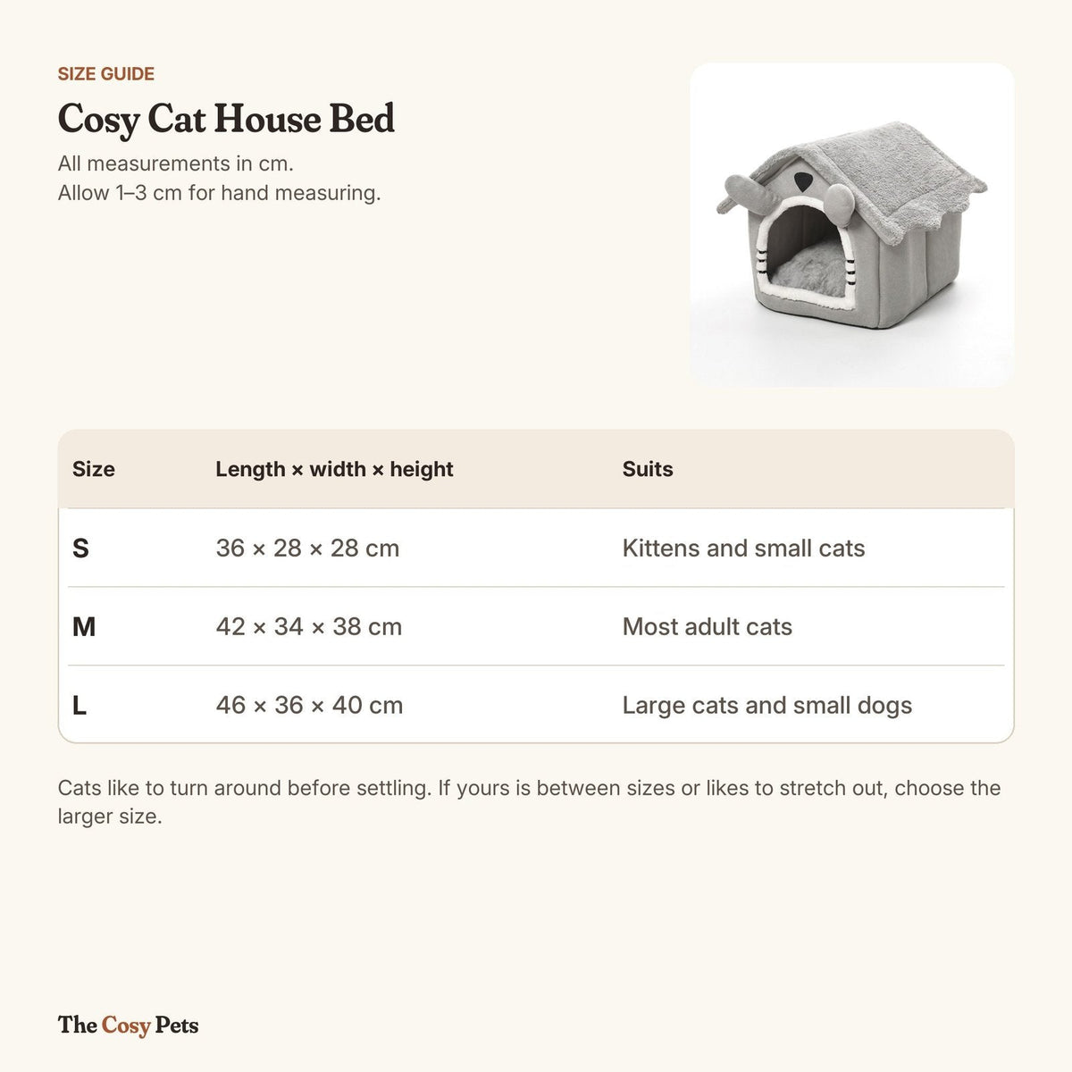 Cat house bed size guide: S 36 x 28 x 28 cm, M 42 x 34 x 38 cm, L 46 x 36 x 40 cm
