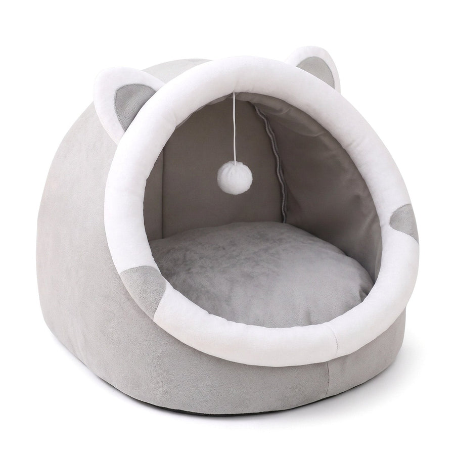 Cat-ear cave bed in Grey & White with pom-pom toy, on a white background