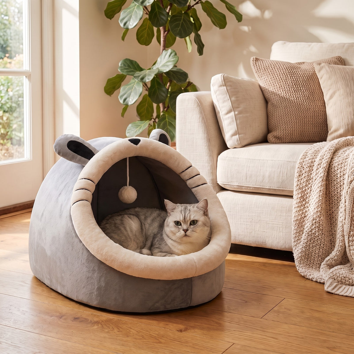 Silver tabby cat curled up in the Whiskers Grey cat-ear cave bed beside a sofa