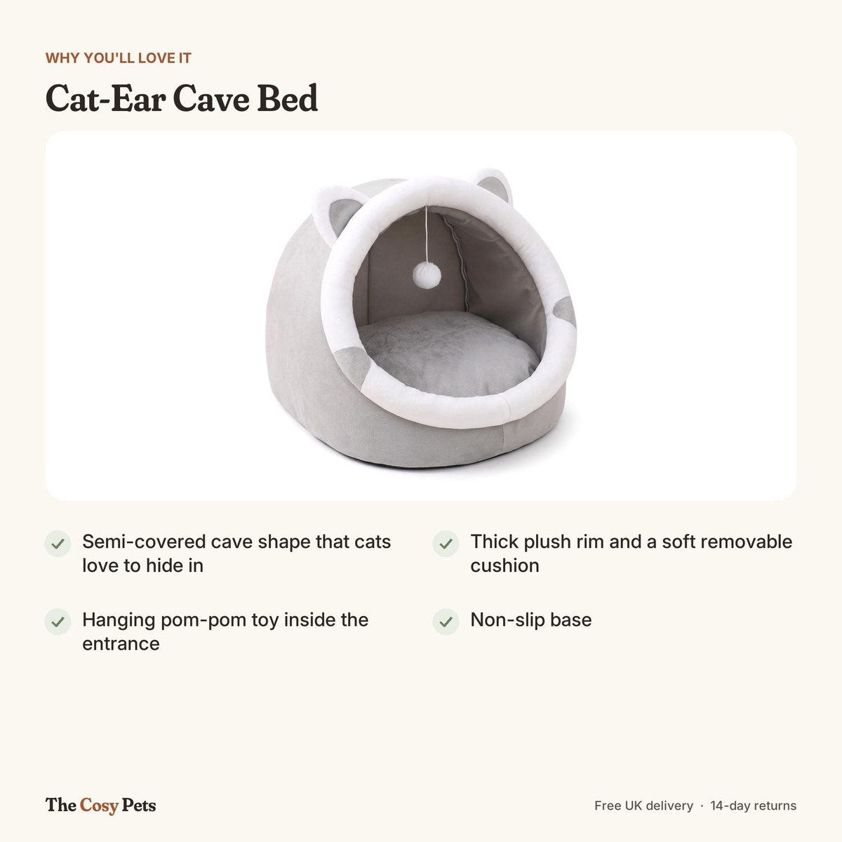 Cat cave bed features: semi-covered, plush rim, pom-pom toy, removable cushion