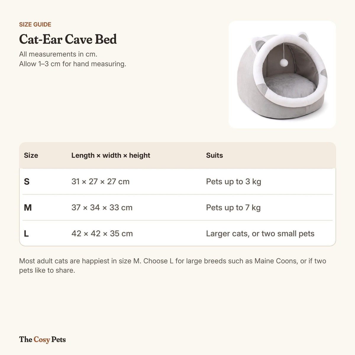 Cat cave bed size guide: S 31 x 27 x 27 cm, M 37 x 34 x 33 cm, L 42 x 42 x 35 cm