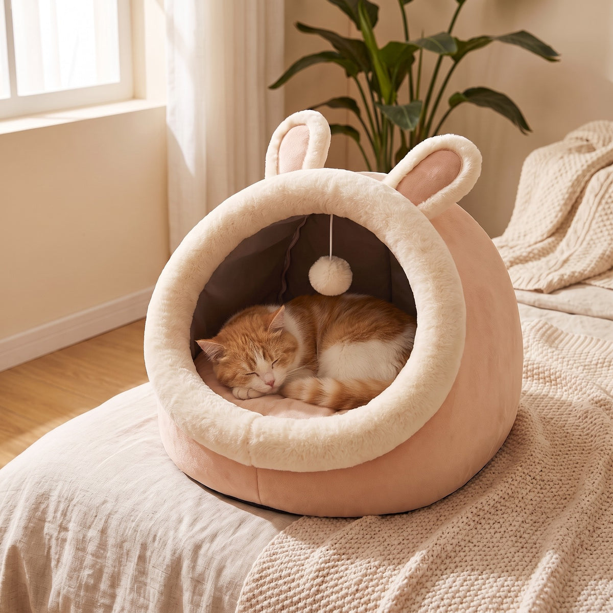 Ginger and white cat asleep in the Peach cat-ear cave bed at the foot of a bed