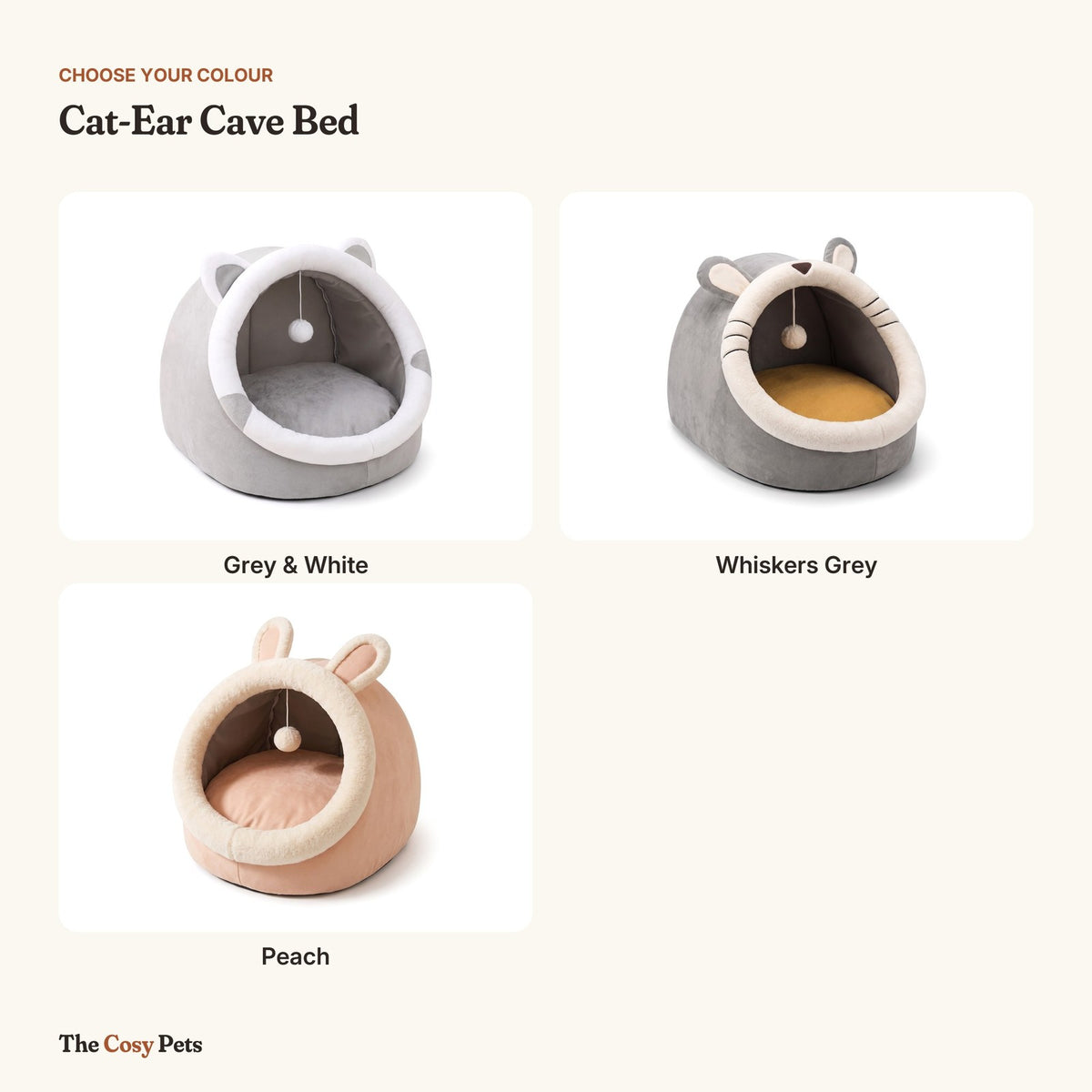 Cat cave bed colours: Grey & White, Whiskers Grey and Peach