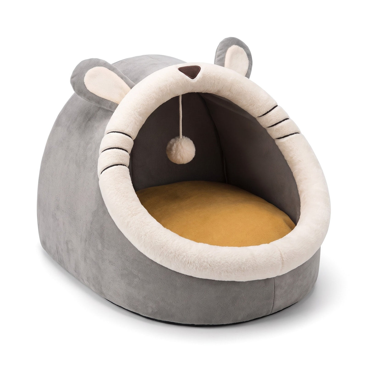 Cat cave bed in Whiskers Grey with whisker stitching and a pom-pom, on a white background