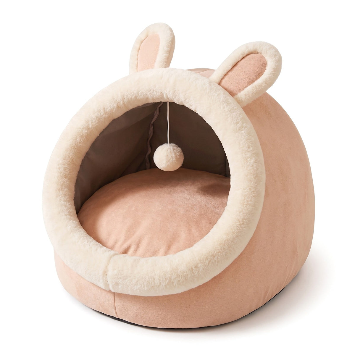 Cat cave bed in Peach with bunny-style ears and a pom-pom, on a white background