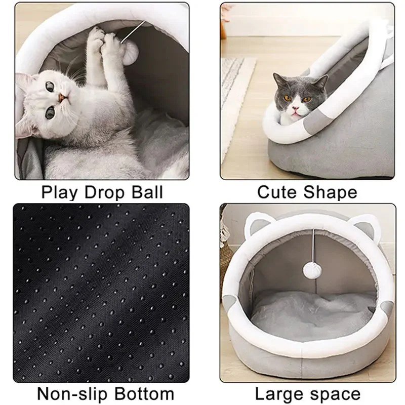 Cave bed details: pom-pom toy, non-slip base, roomy inside