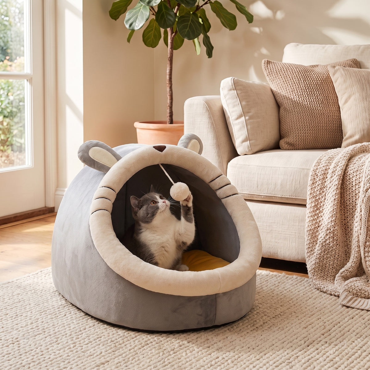 Grey and white cat batting the pom-pom inside the Whiskers Grey cat-ear cave bed