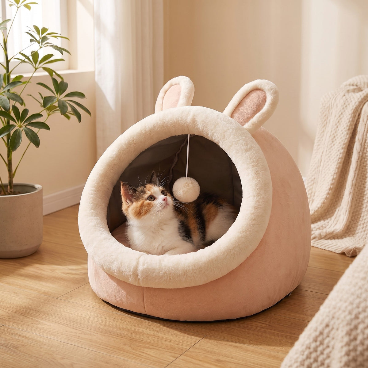 Calico kitten looking up at the pom-pom in the Peach cat-ear cave bed