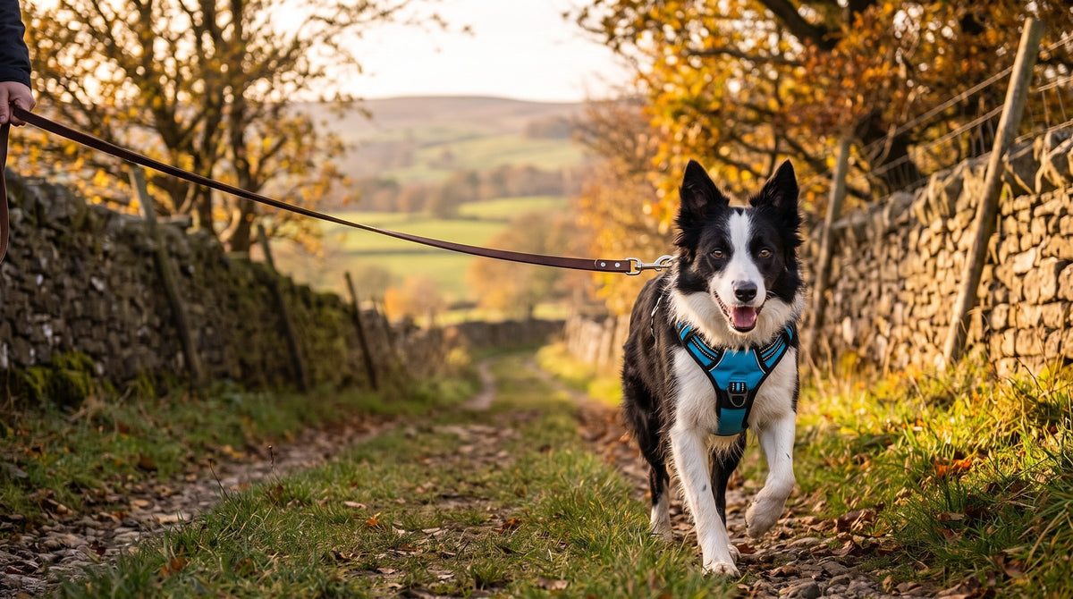 Border collie on a countryside walk in a blue padded reflective harness