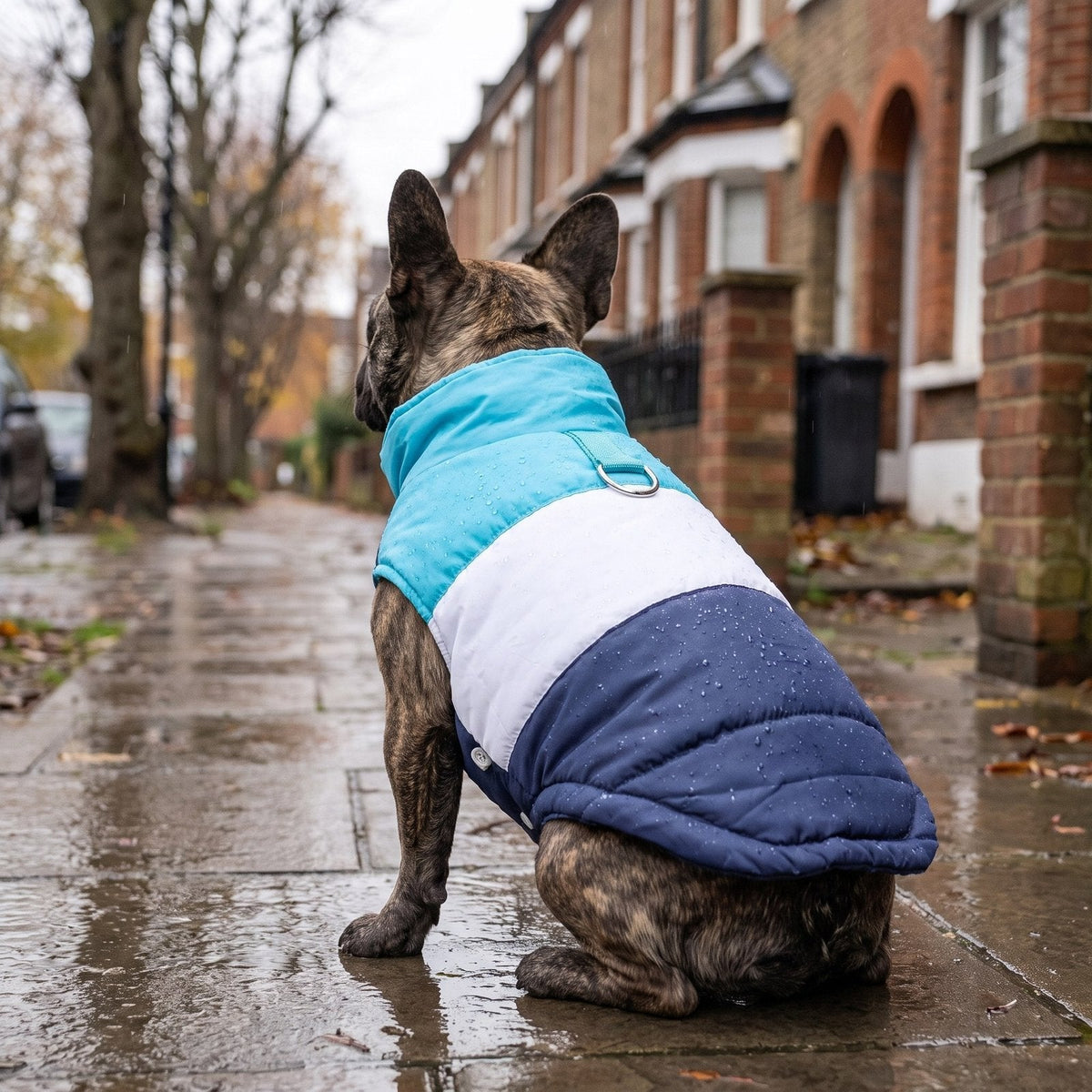 French bulldog in a padded winter coat on a wet street