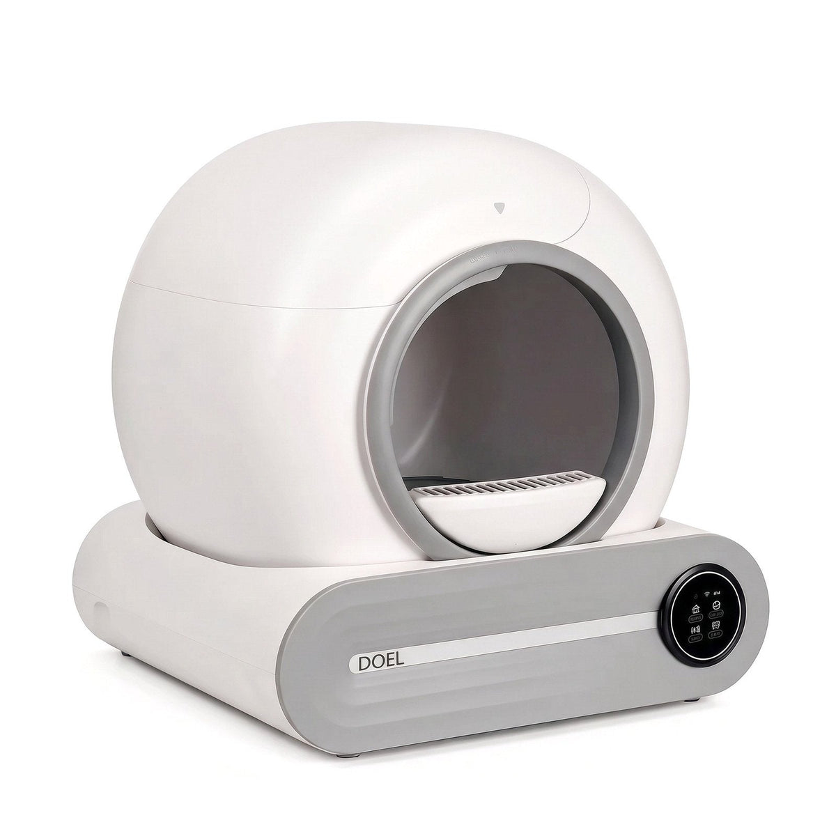 DOEL self-cleaning cat litter box, white and grey, on a white background
