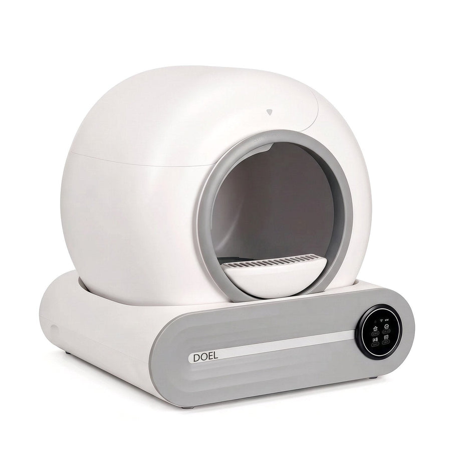 DOEL self-cleaning cat litter box, white and grey, on a white background