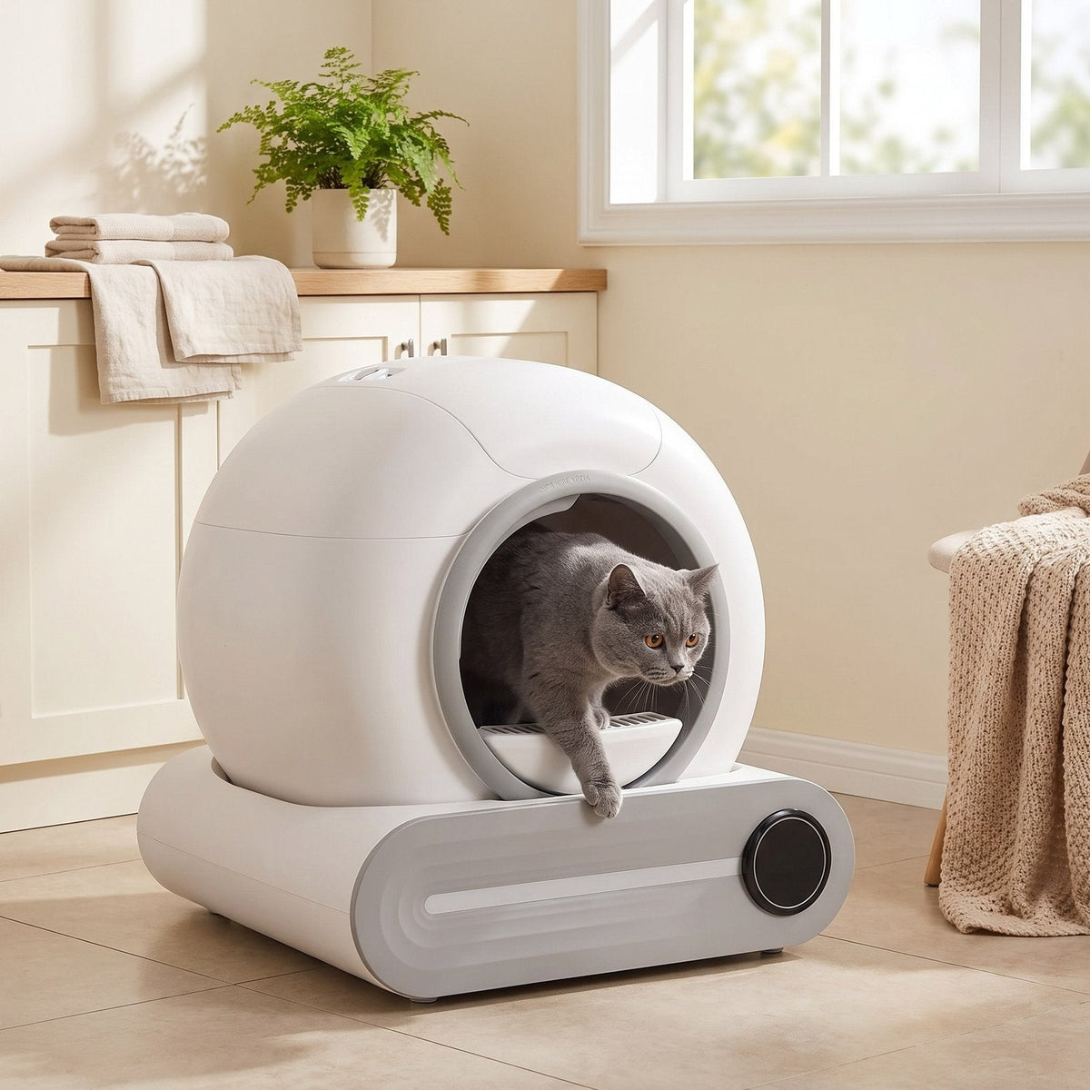 Grey British shorthair cat stepping into the DOEL self-cleaning litter box in a utility room