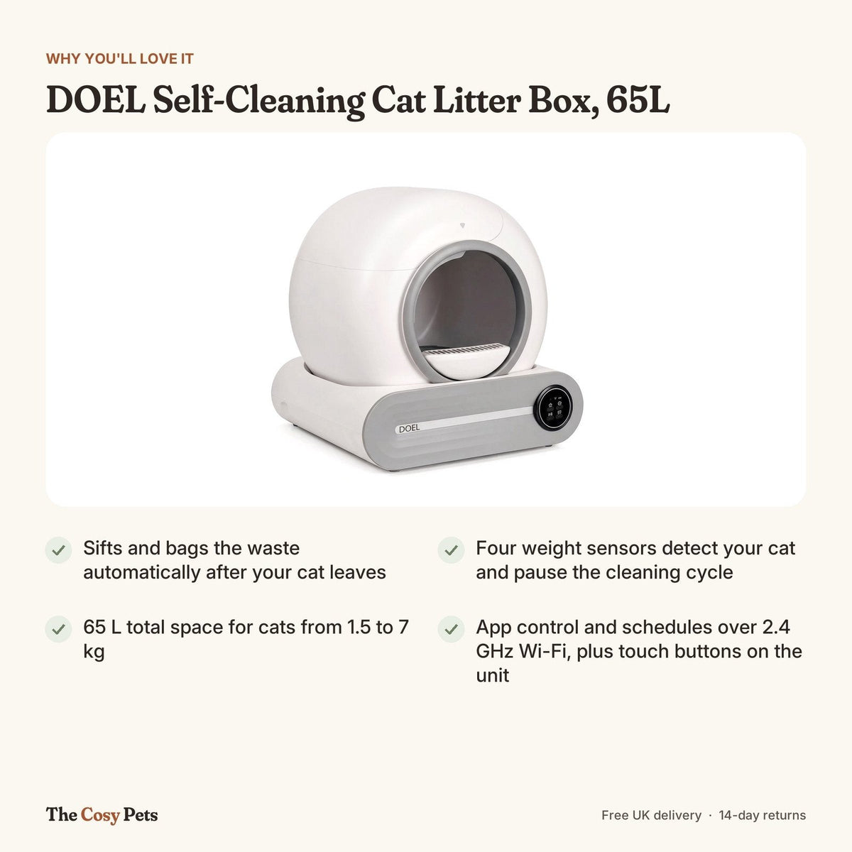 DOEL self-cleaning litter box features: automatic cleaning, weight sensors, 65 L, app control