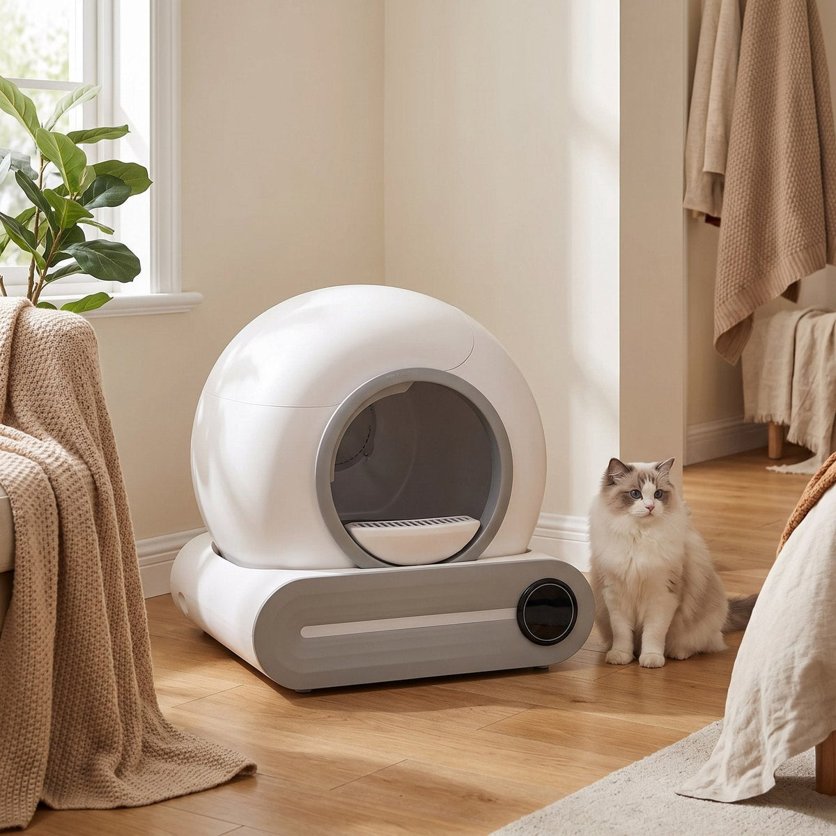 DOEL self-cleaning litter box in the corner of a living room with a ragdoll cat