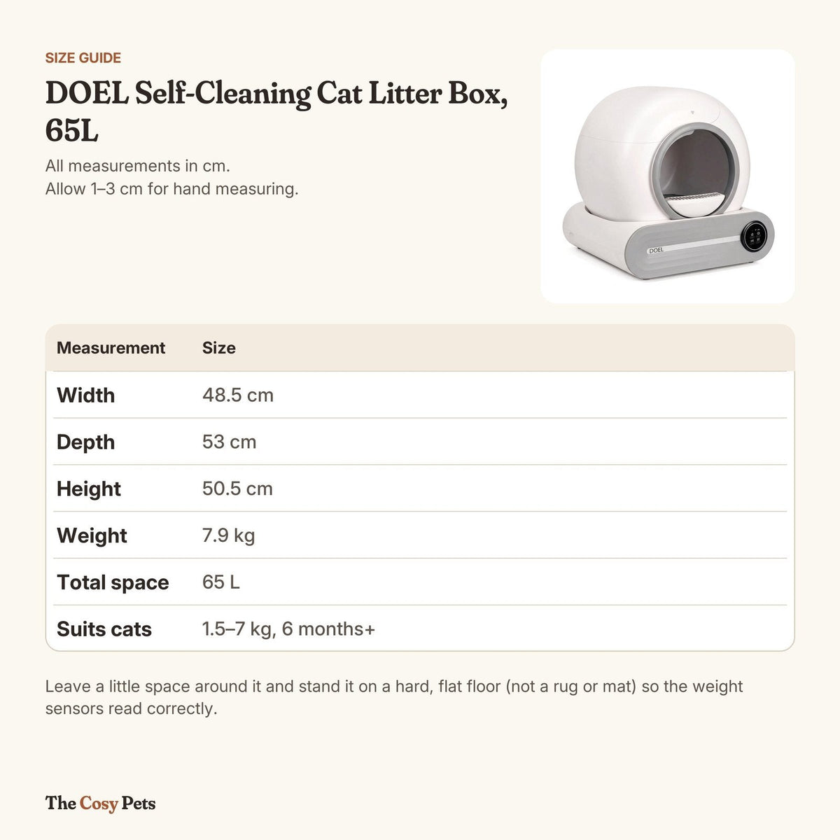 DOEL litter box dimensions: 48.5 x 53 x 50.5 cm, 7.9 kg, 65 L, for cats 1.5 to 7 kg