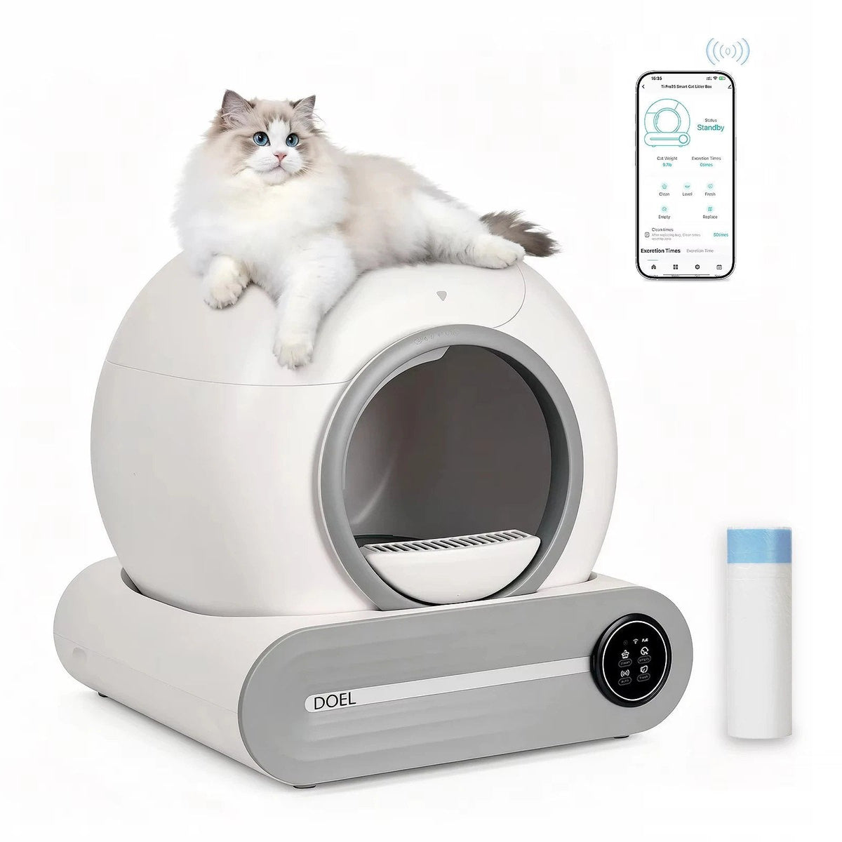 DOEL self-cleaning litter box with the app and a waste bag roll