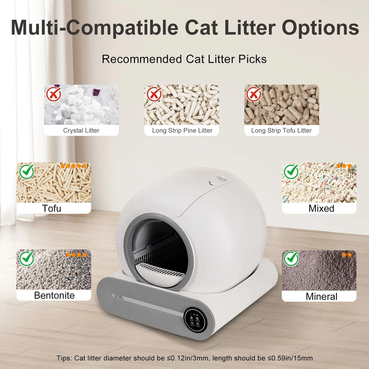 Litter compatibility: clumping tofu, mixed, bentonite and mineral litter