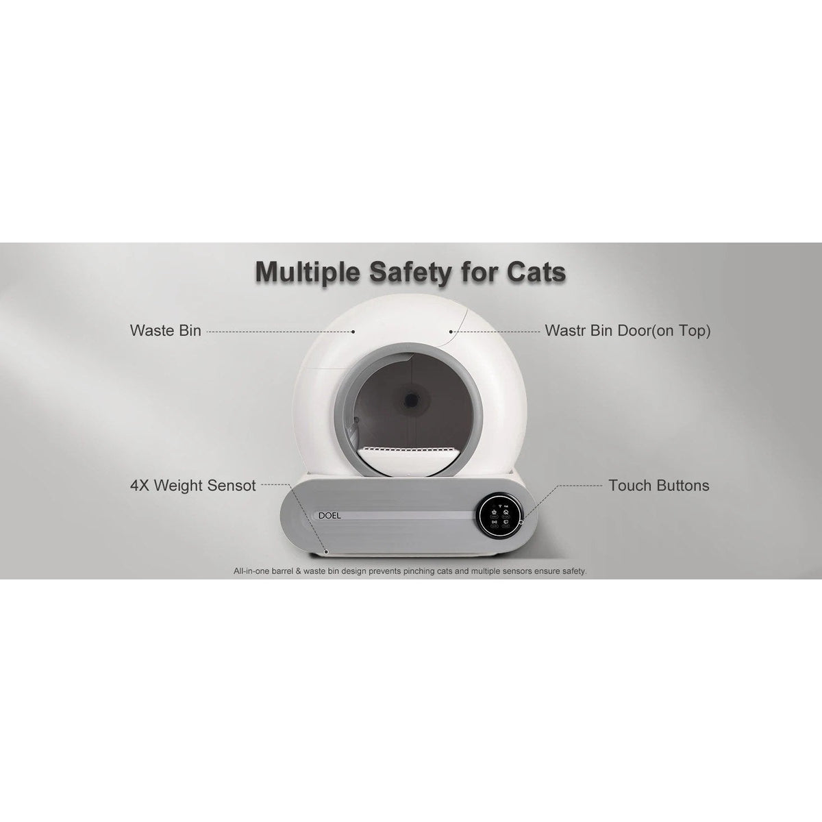 Parts of the DOEL litter box: waste bin, weight sensors and touch buttons