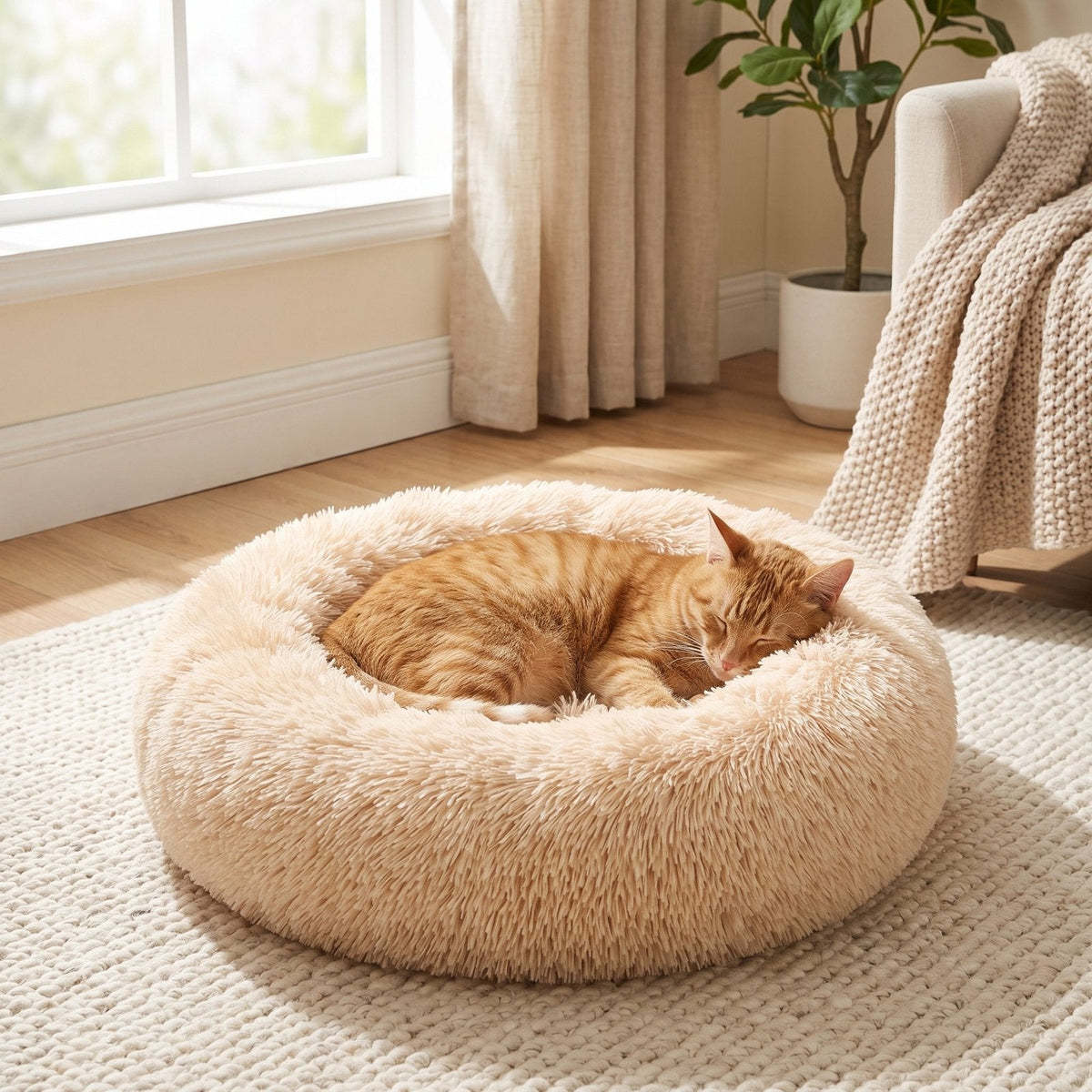 Ginger cat curled up asleep in the Honey fluffy donut bed by a sunny window