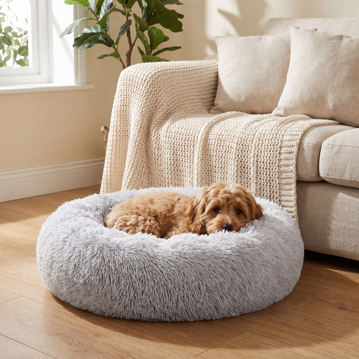 Cavapoo puppy snuggled in the Cloud Grey fluffy donut bed in a living room