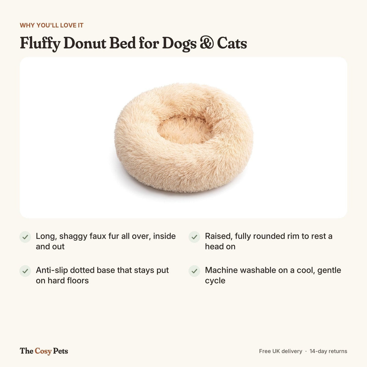 Fluffy donut bed features: shaggy faux fur, raised rim, anti-slip base, machine washable
