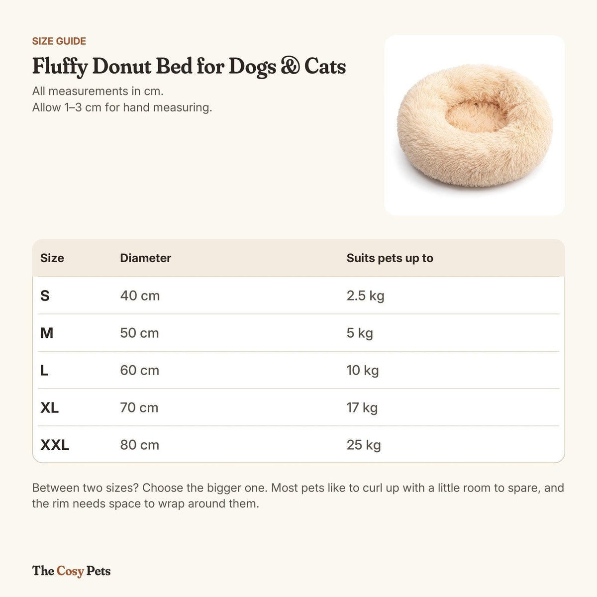 Donut bed size guide: S 40 cm, M 50 cm, L 60 cm, XL 70 cm, XXL 80 cm diameter