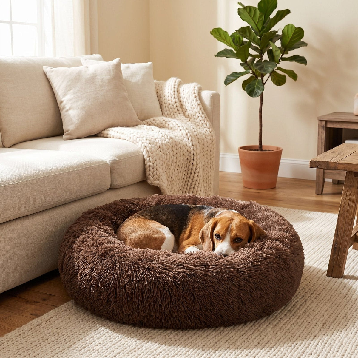 Beagle curled up in the Cocoa fluffy donut bed next to a sofa