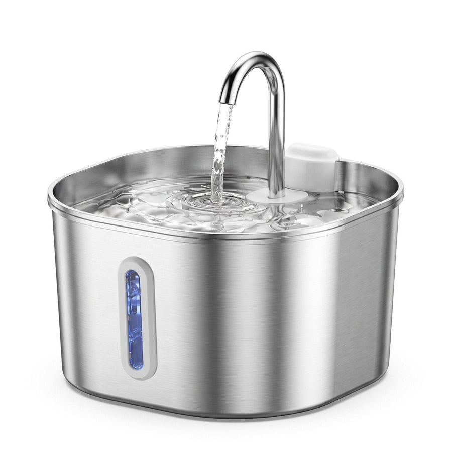 Stainless steel cat water fountain, 2.2 L, with tap-style spout, on a white background