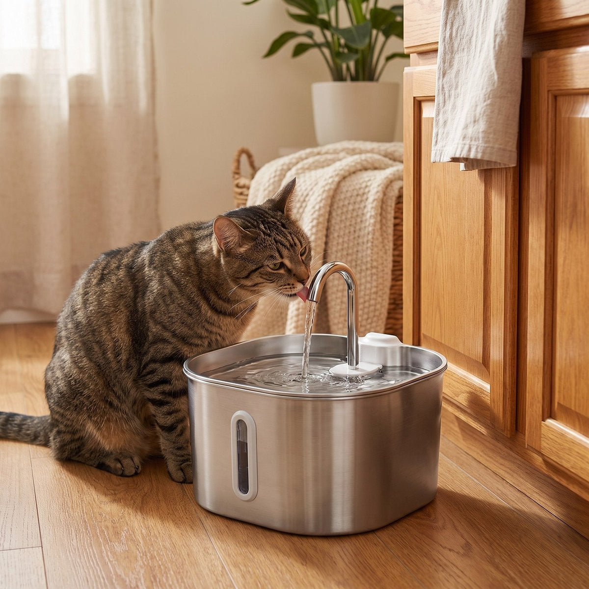 Tabby cat drinking from the stainless steel water fountain in a kitchen