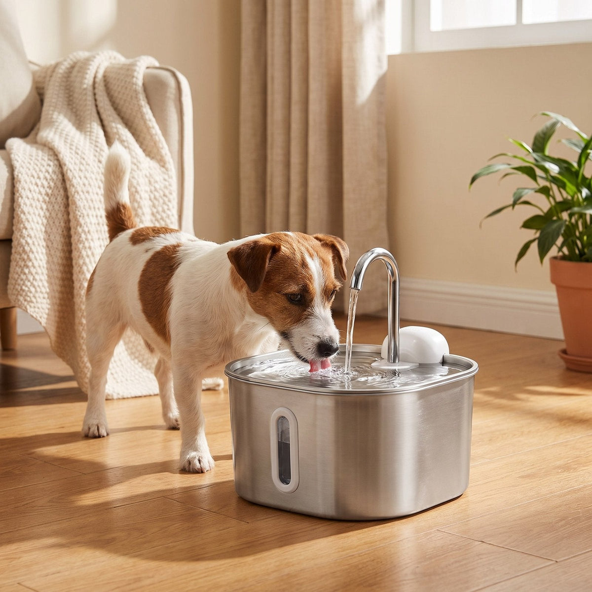 Jack Russell terrier drinking from the stainless steel water fountain