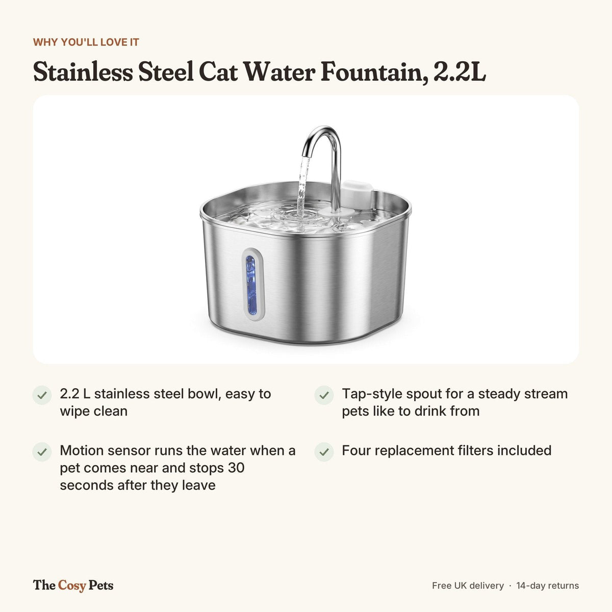 Cat water fountain features: 2.2 L steel bowl, motion sensor, 4 filters, water window