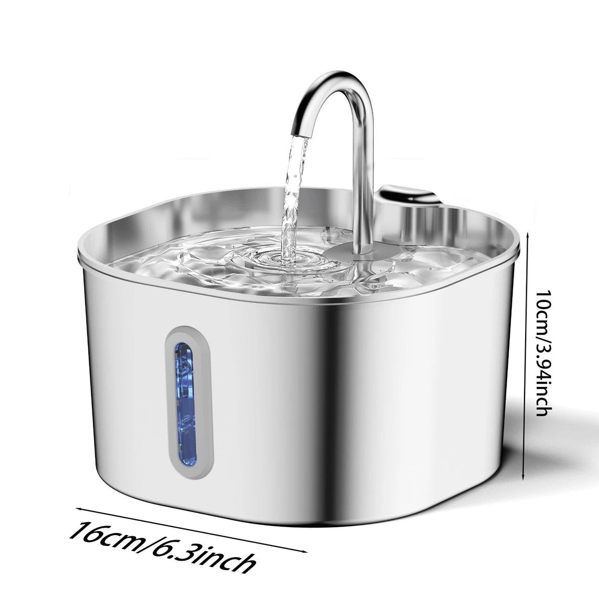 Water fountain dimensions: 16 cm wide, 10 cm high body