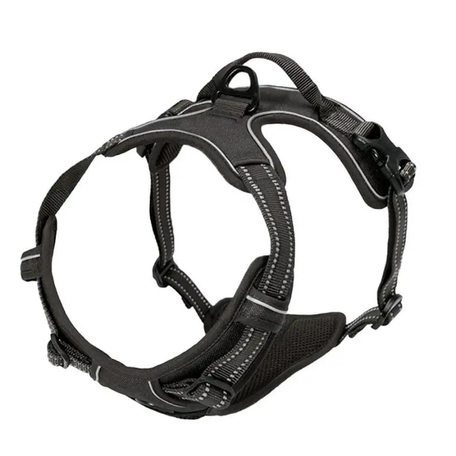 Padded reflective dog harness in Black with top handle, on a white background