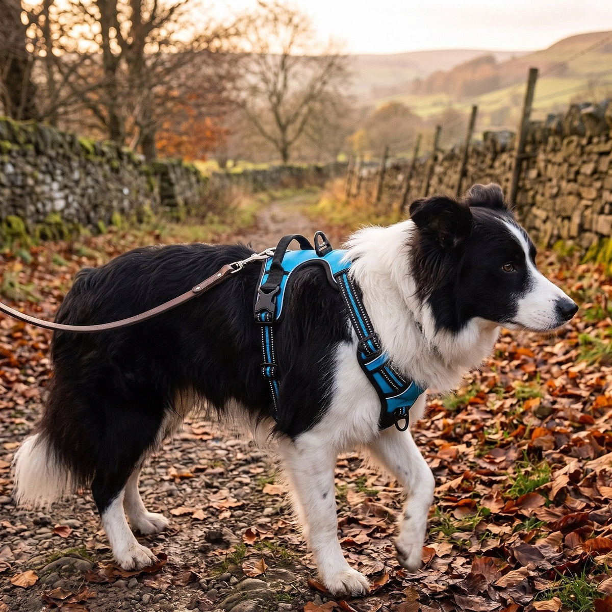 Border collie on a countryside walk wearing the Blue padded reflective harness