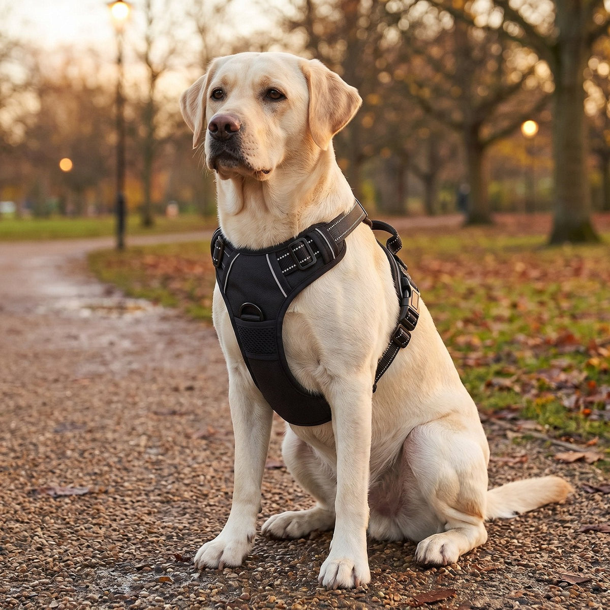 Yellow labrador at dusk wearing the Black padded harness with reflective trim
