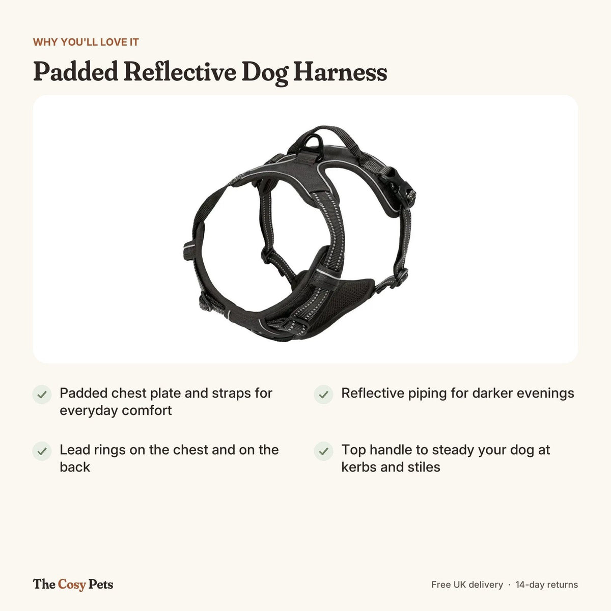Padded reflective dog harness features: padding, reflective trim, two lead rings, handle