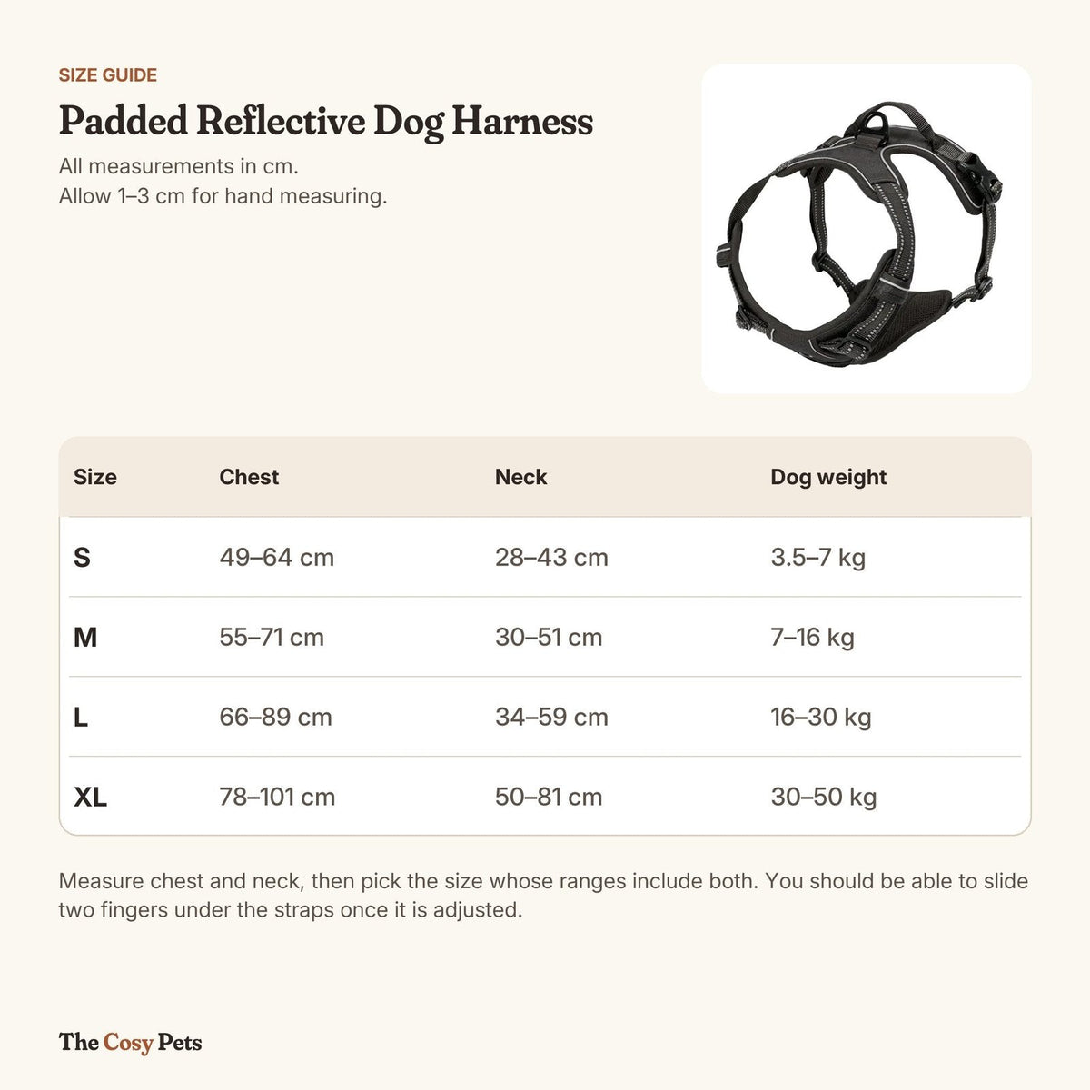 Dog harness size guide: chest and neck ranges for S, M, L and XL