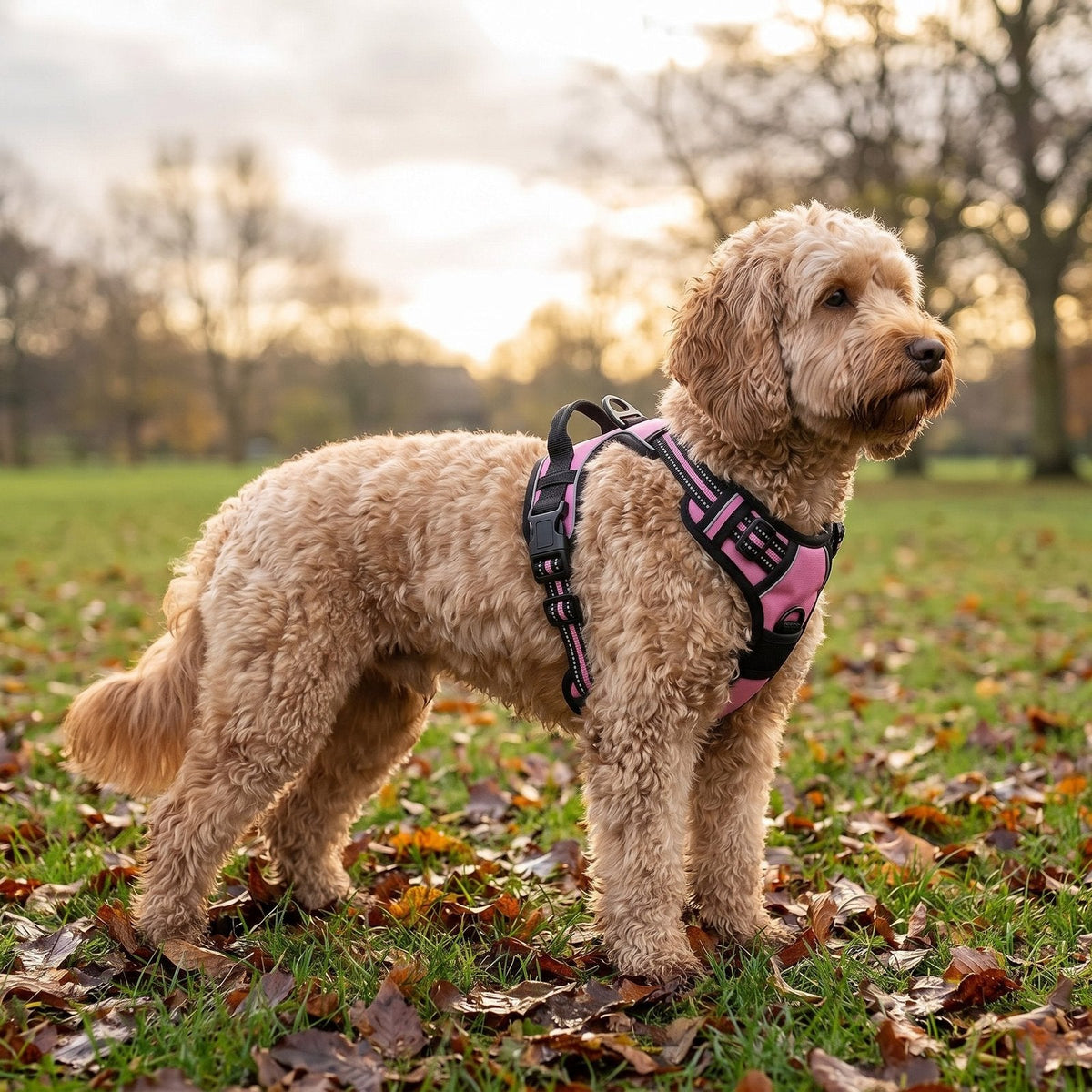 Cockapoo in a park wearing the Pink padded dog harness